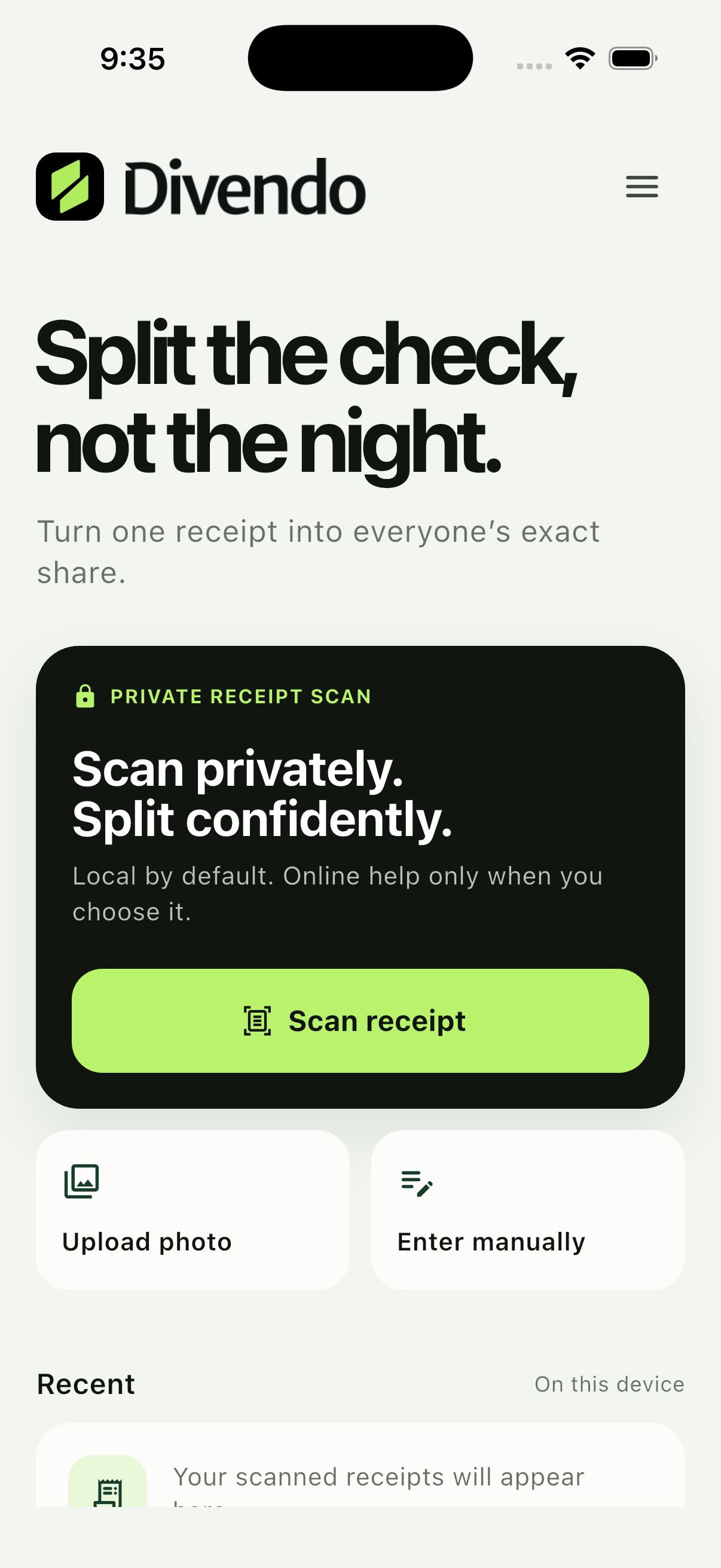 Divendo on iPhone showing the private receipt scan screen